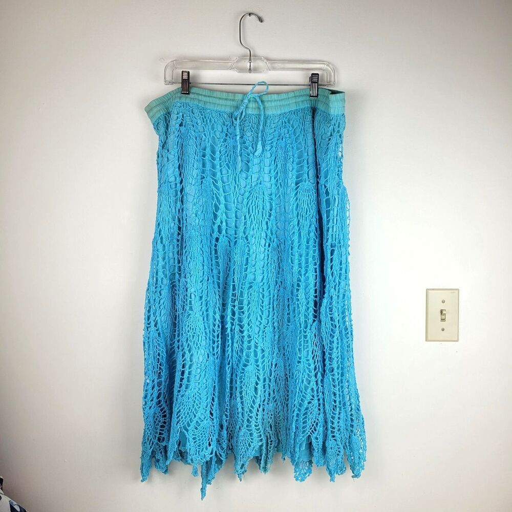 Flower aqua blue crochet midi skirt draw string waist boho festival summer Sz L